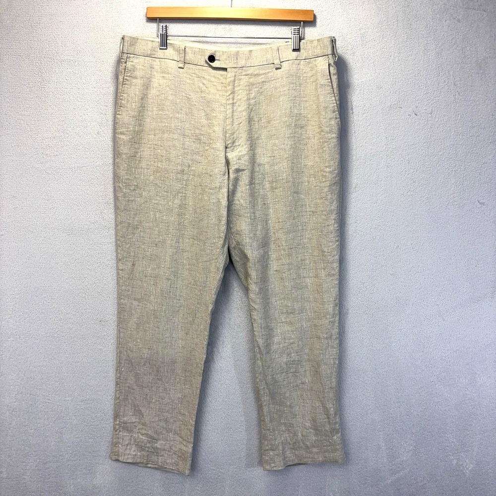 Mens Linen Blend Dress Pants Mens 38R Slim Fit 38x28 Beige Summer Casual Office